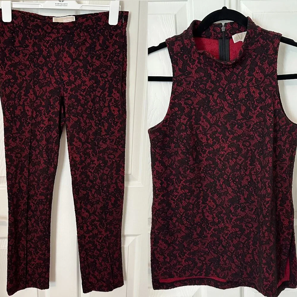 2-Piece Michael Kors Lace Jacquard Matching Set | Tunic + Trousers | Black/Red